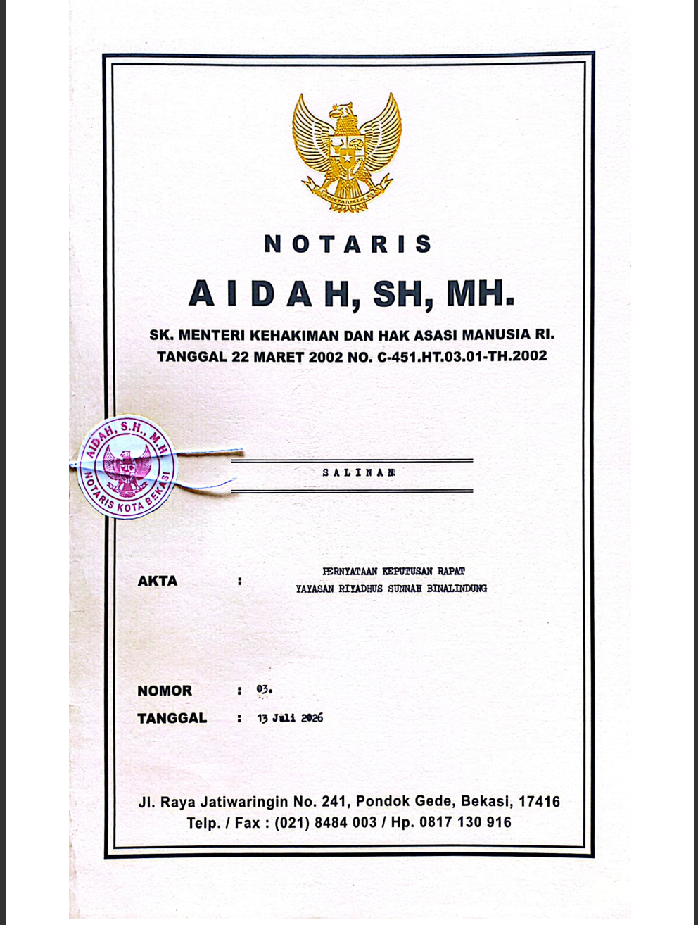 Akta Perubahan Yayasan RSB