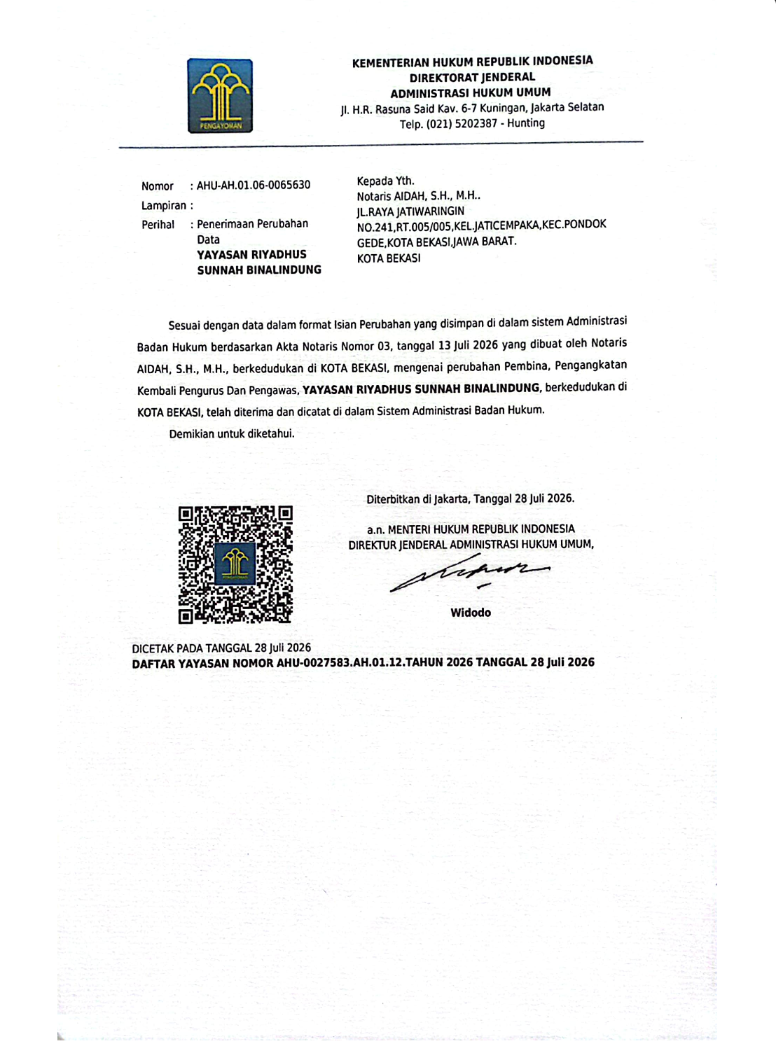 Akta Perubahan Yayasan RSB